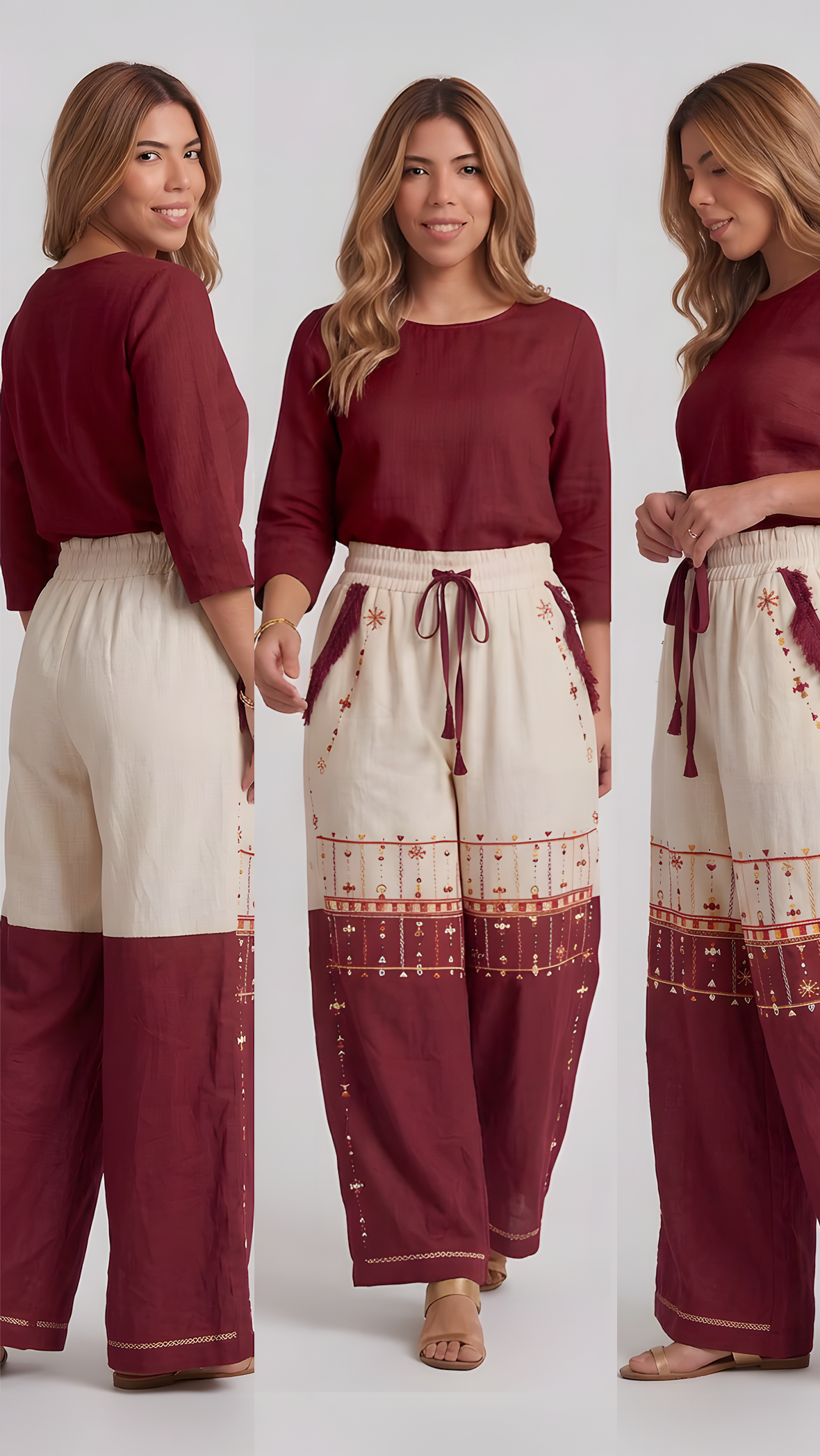 Linen Wide leg pants in Ivory & Crimson with Siwan Embroidery