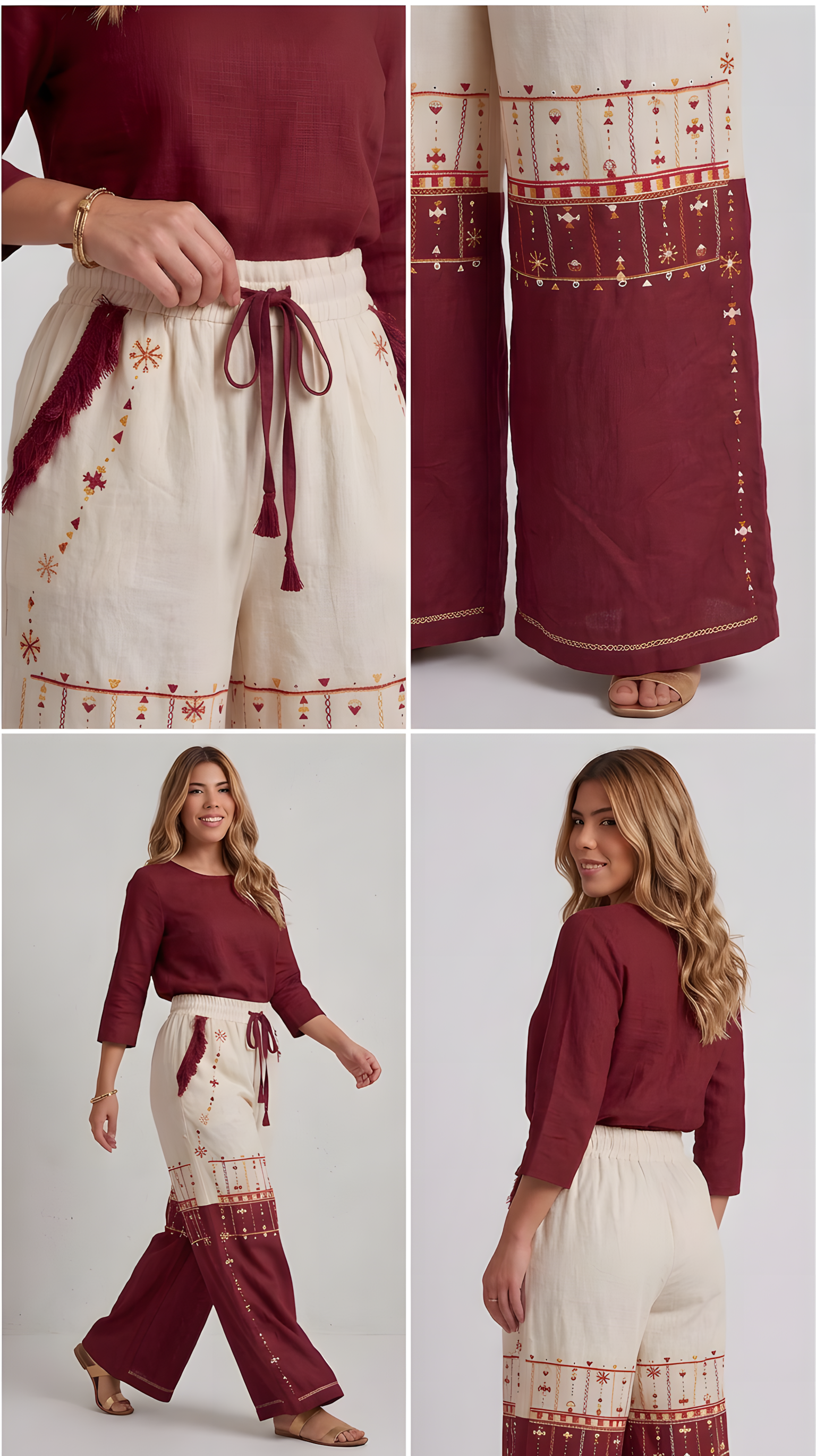 Linen Wide leg pants in Ivory & Crimson with Siwan Embroidery
