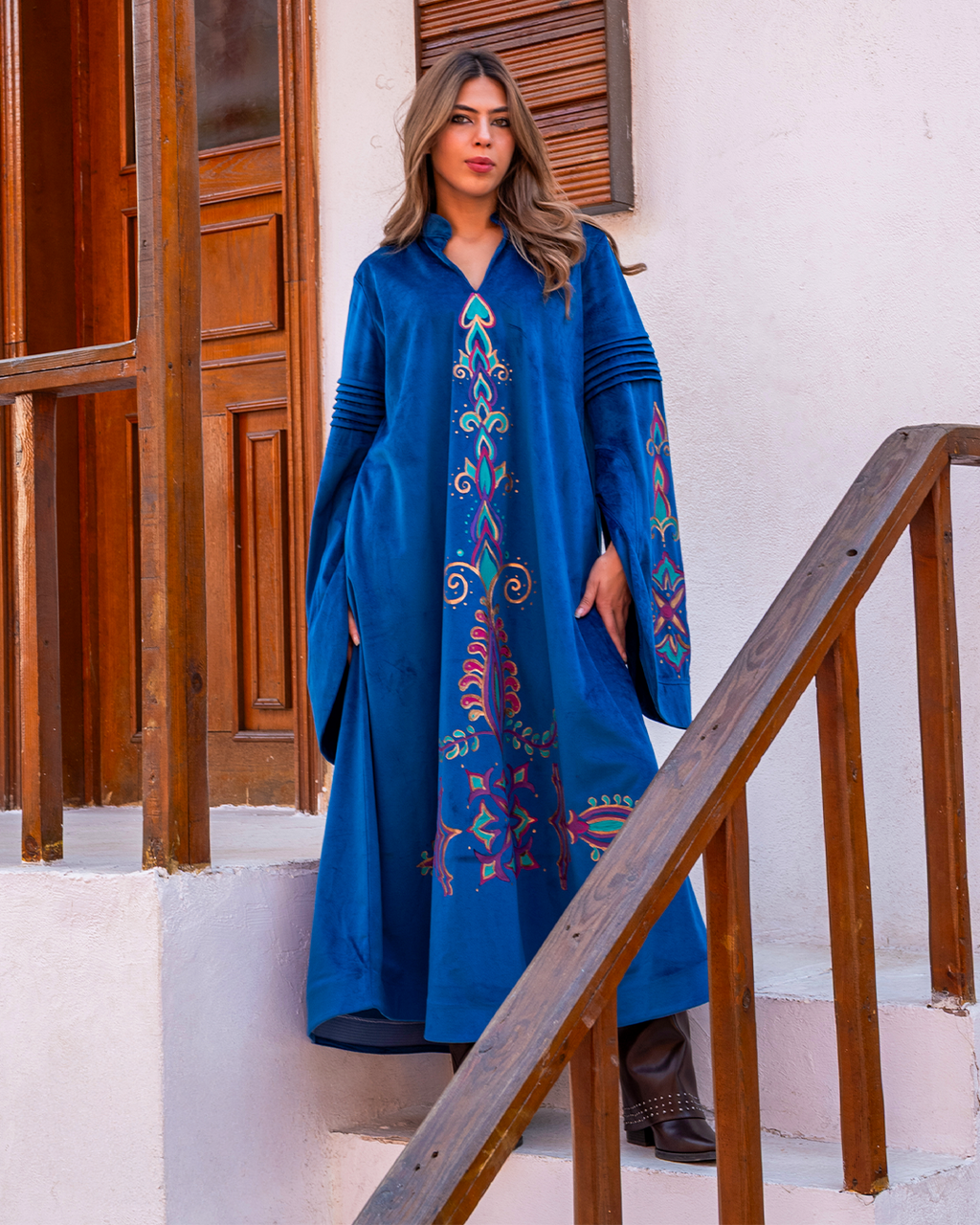 Azure Velvet Tunic with Islamic Artistry