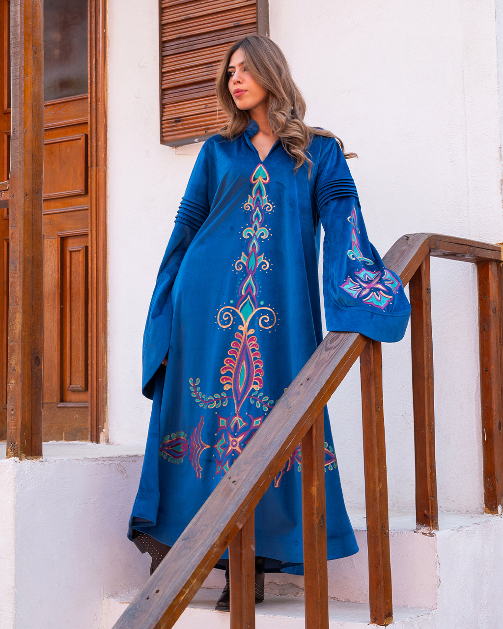 Azure Velvet Tunic with Islamic Artistry