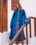 Azure Velvet Tunic with Islamic Artistry