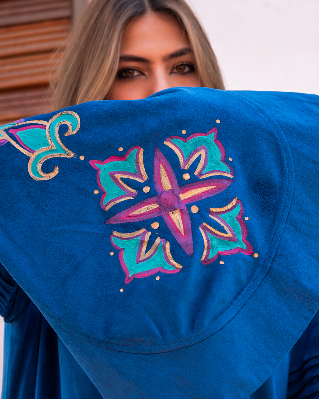 Azure Velvet Tunic with Islamic Artistry