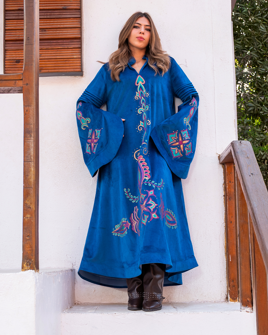 Azure Velvet Tunic with Islamic Artistry