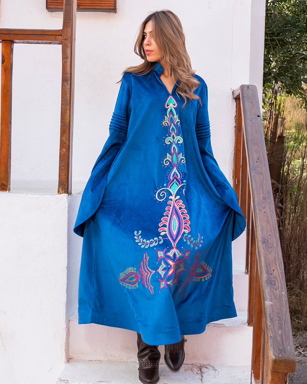 Azure Velvet Tunic with Islamic Artistry