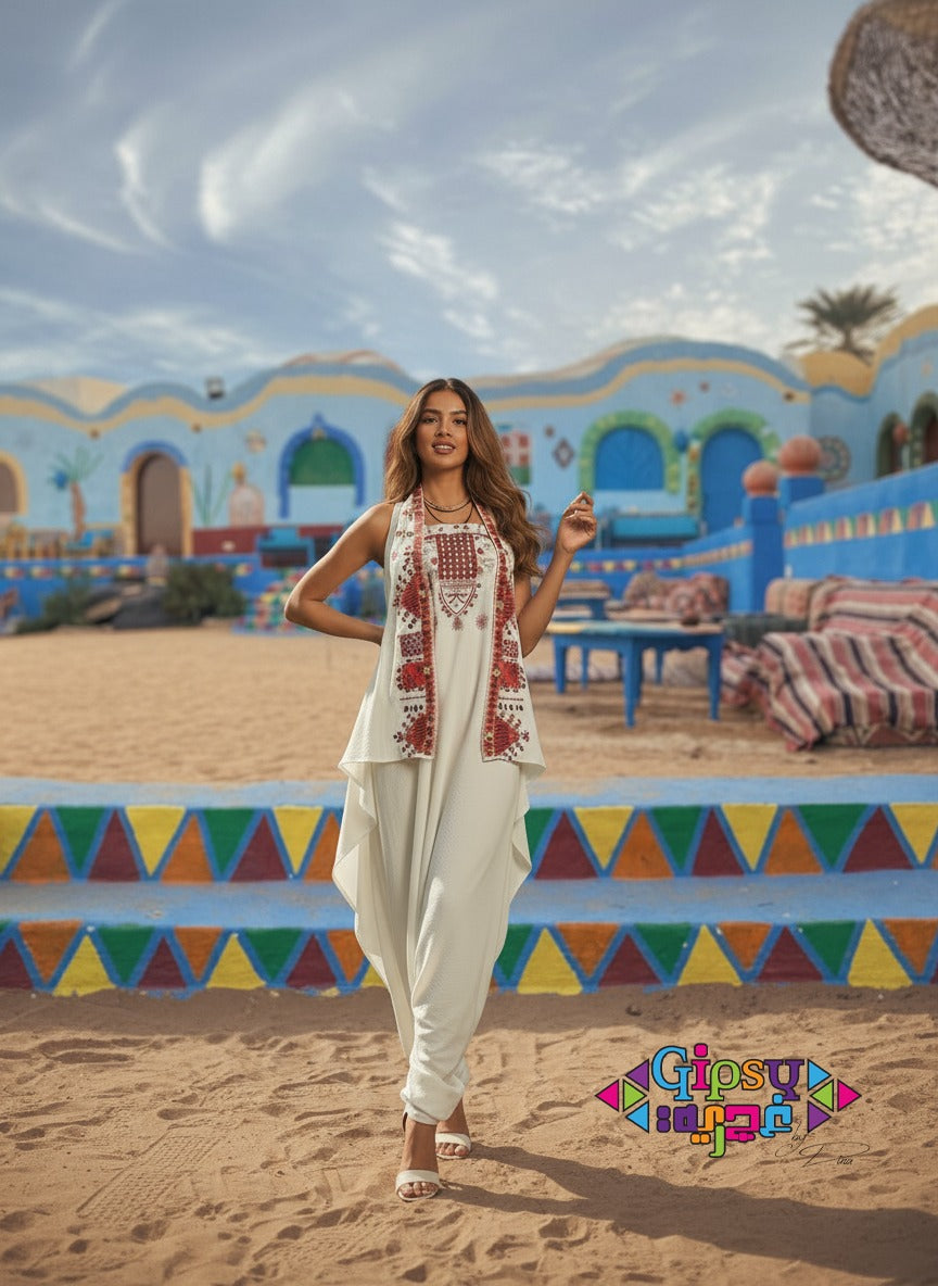 White Jumpsuit with multicolored embroidery