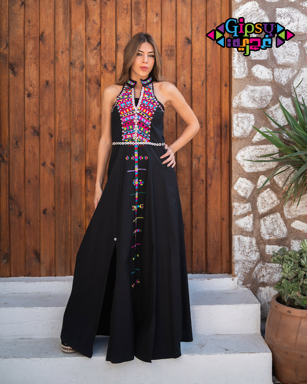 Black Halter Maxi with Handmade Siwan embroidery  Art