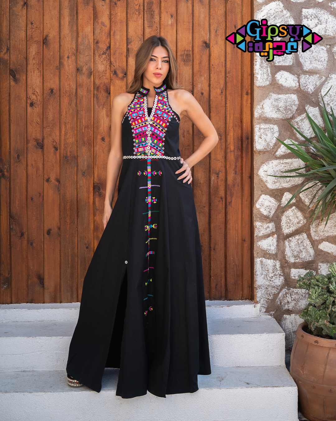 Black Halter Maxi with Handmade Siwan embroidery  Art