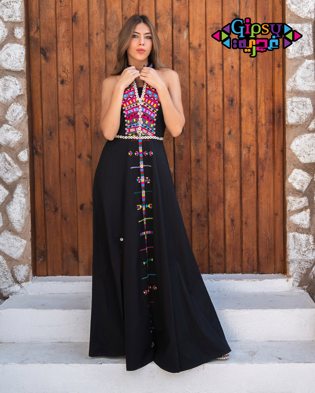 Black Halter Maxi with Handmade Siwan embroidery  Art