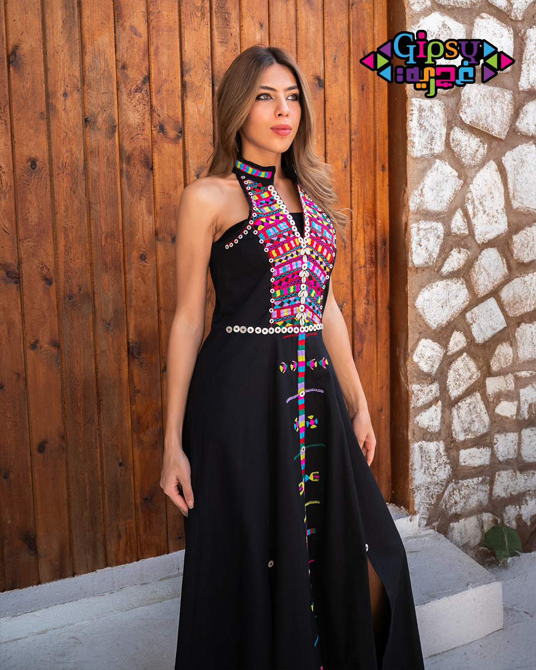 Black Halter Maxi with Handmade Siwan embroidery  Art