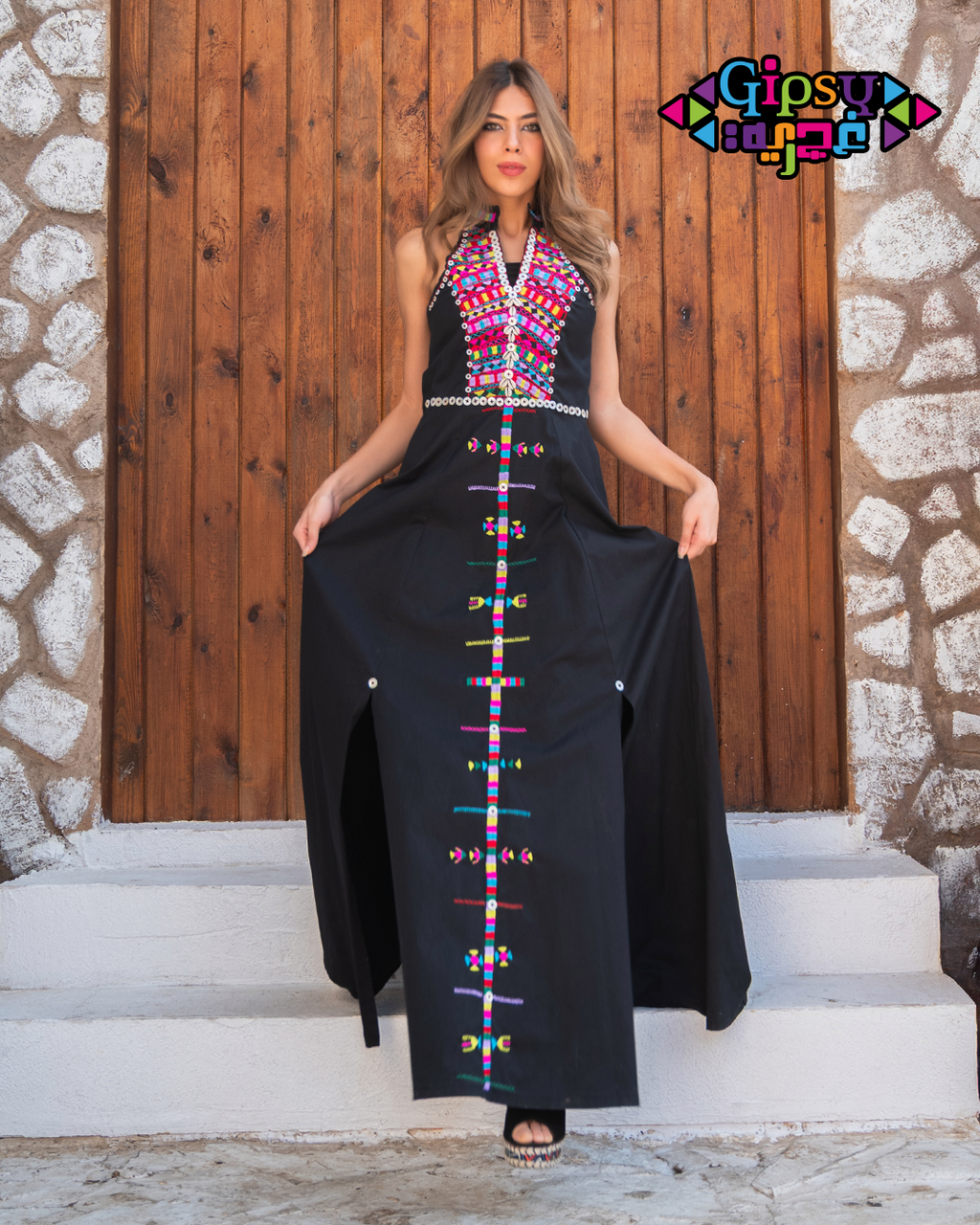Black Halter Maxi with Handmade Siwan embroidery  Art
