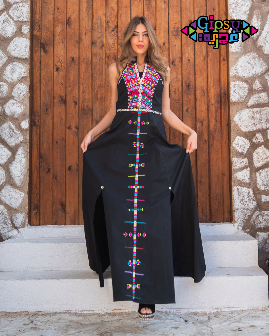 Black Halter Maxi with Handmade Siwan embroidery  Art