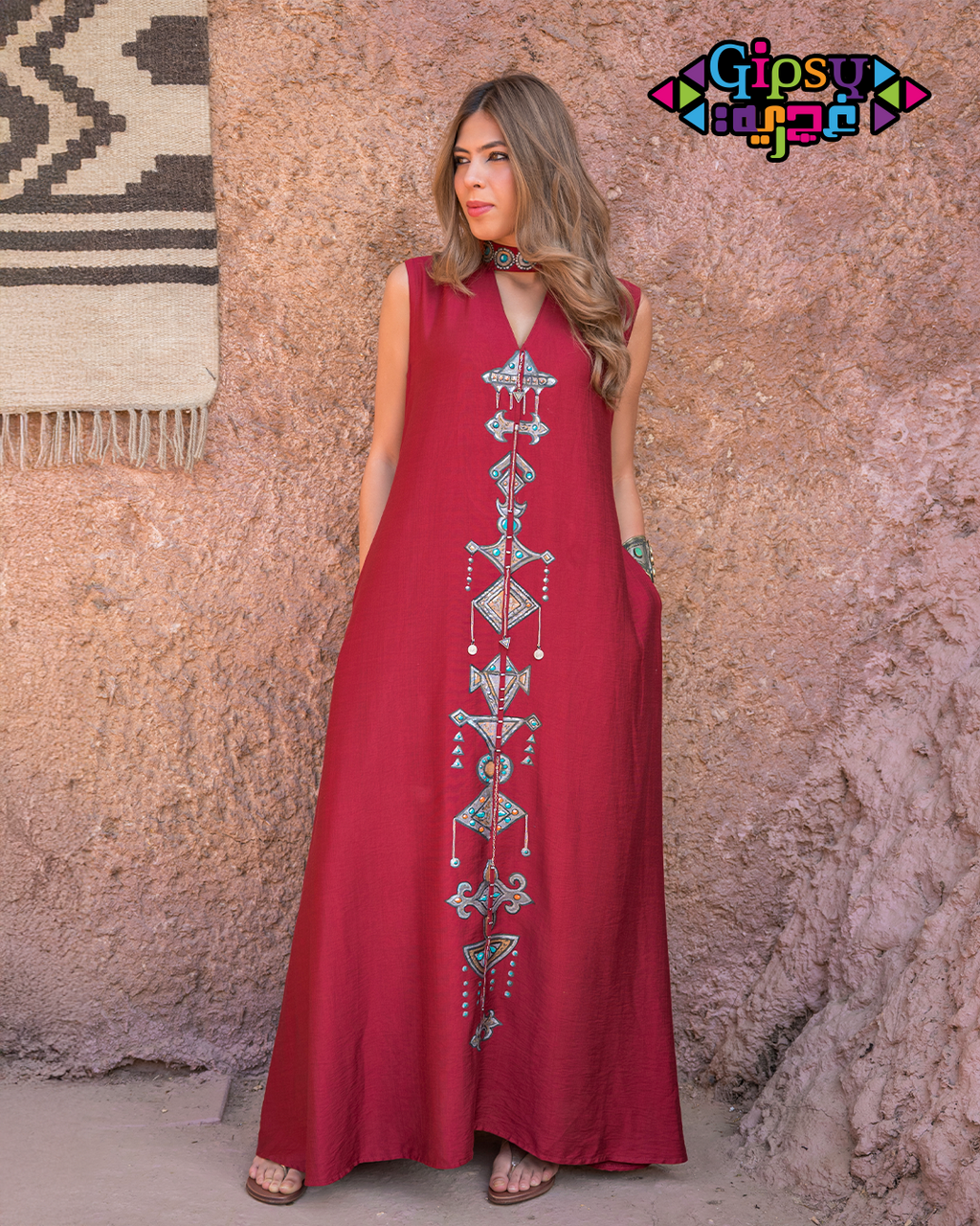 Burgundy Sleeveless Maxi with Hand-Painted Tribal Art