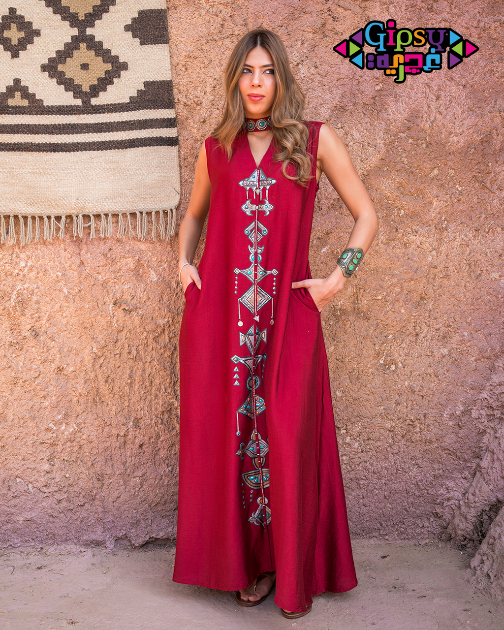 Burgundy Sleeveless Maxi with Hand-Painted Tribal Art