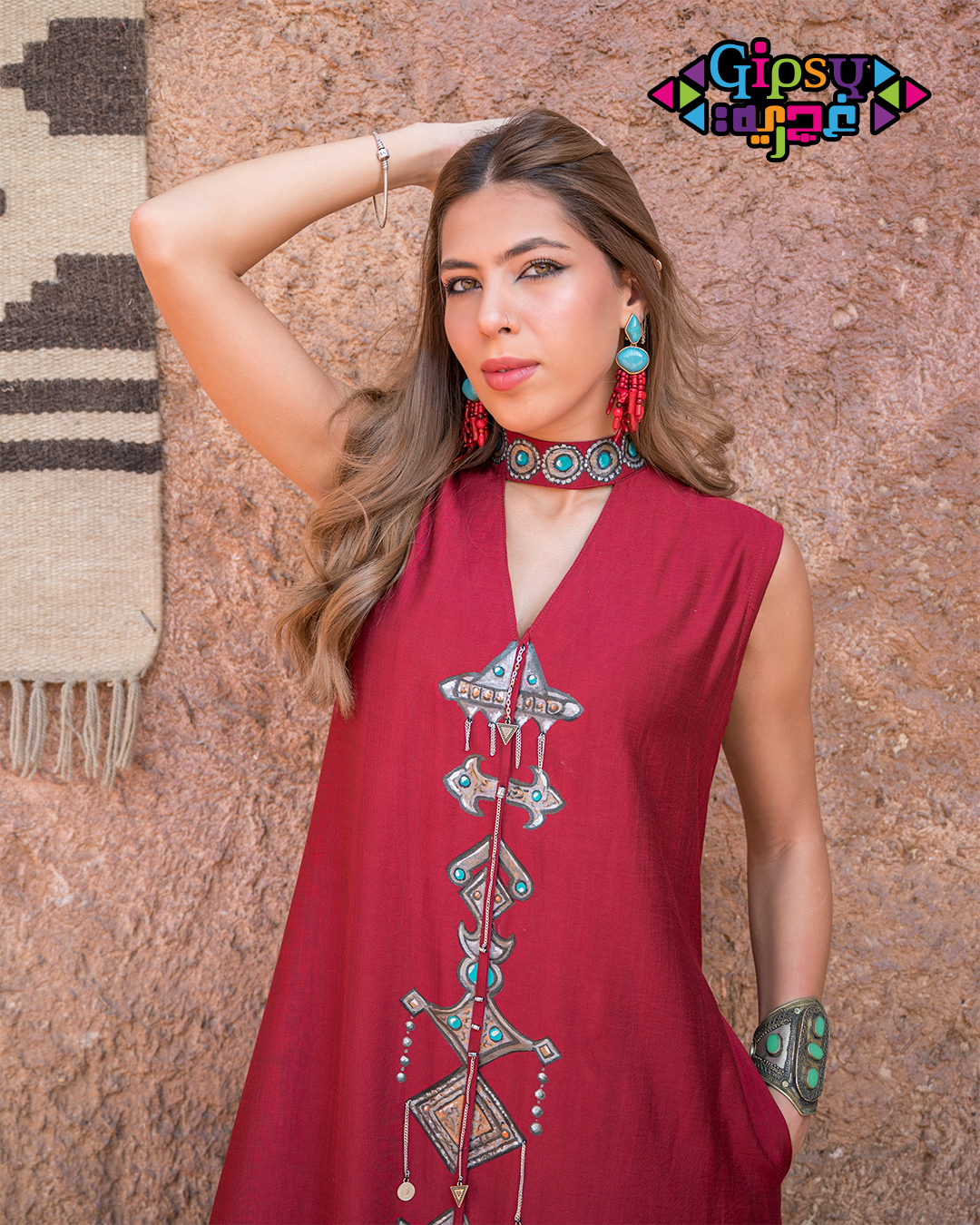 Burgundy Sleeveless Maxi with Hand-Painted Tribal Art