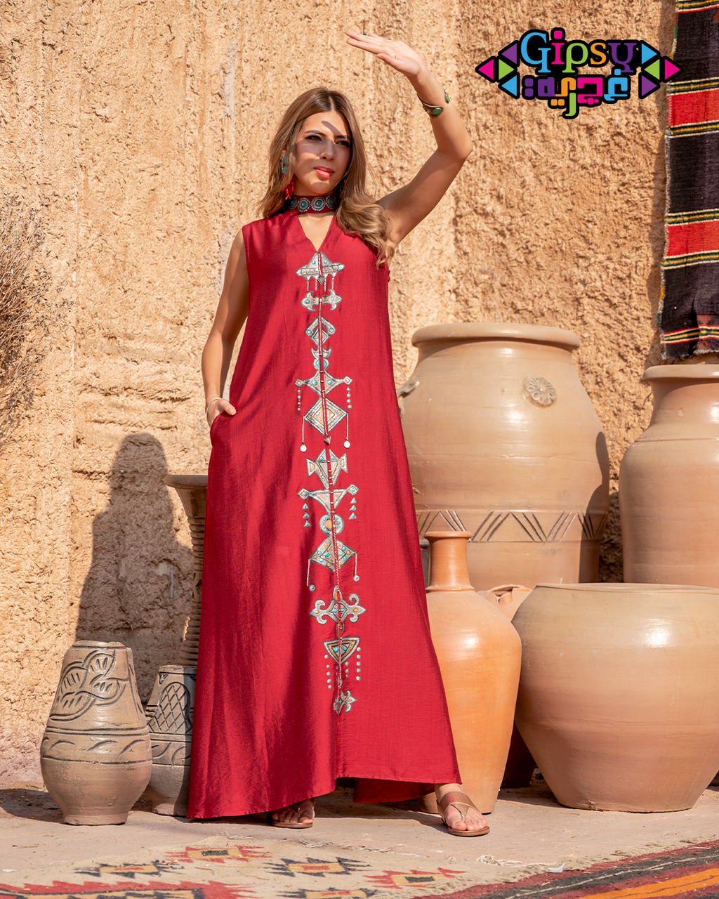 Burgundy Sleeveless Maxi with Hand-Painted Tribal Art