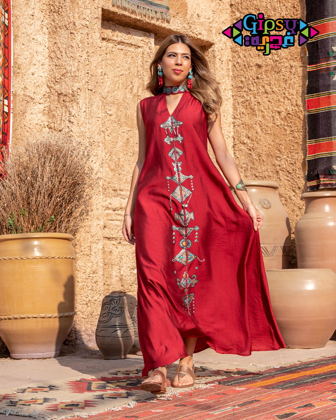 Burgundy Sleeveless Maxi with Hand-Painted Tribal Art