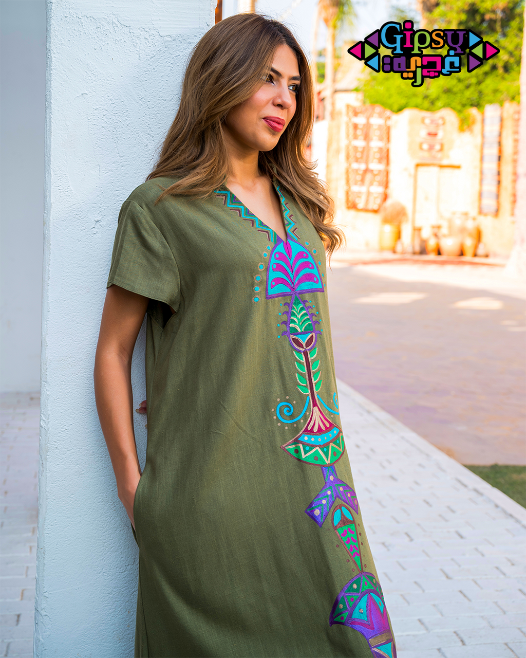 Olive Green Corset-Back Maxi with Hand-Painted Lotus Motifs
