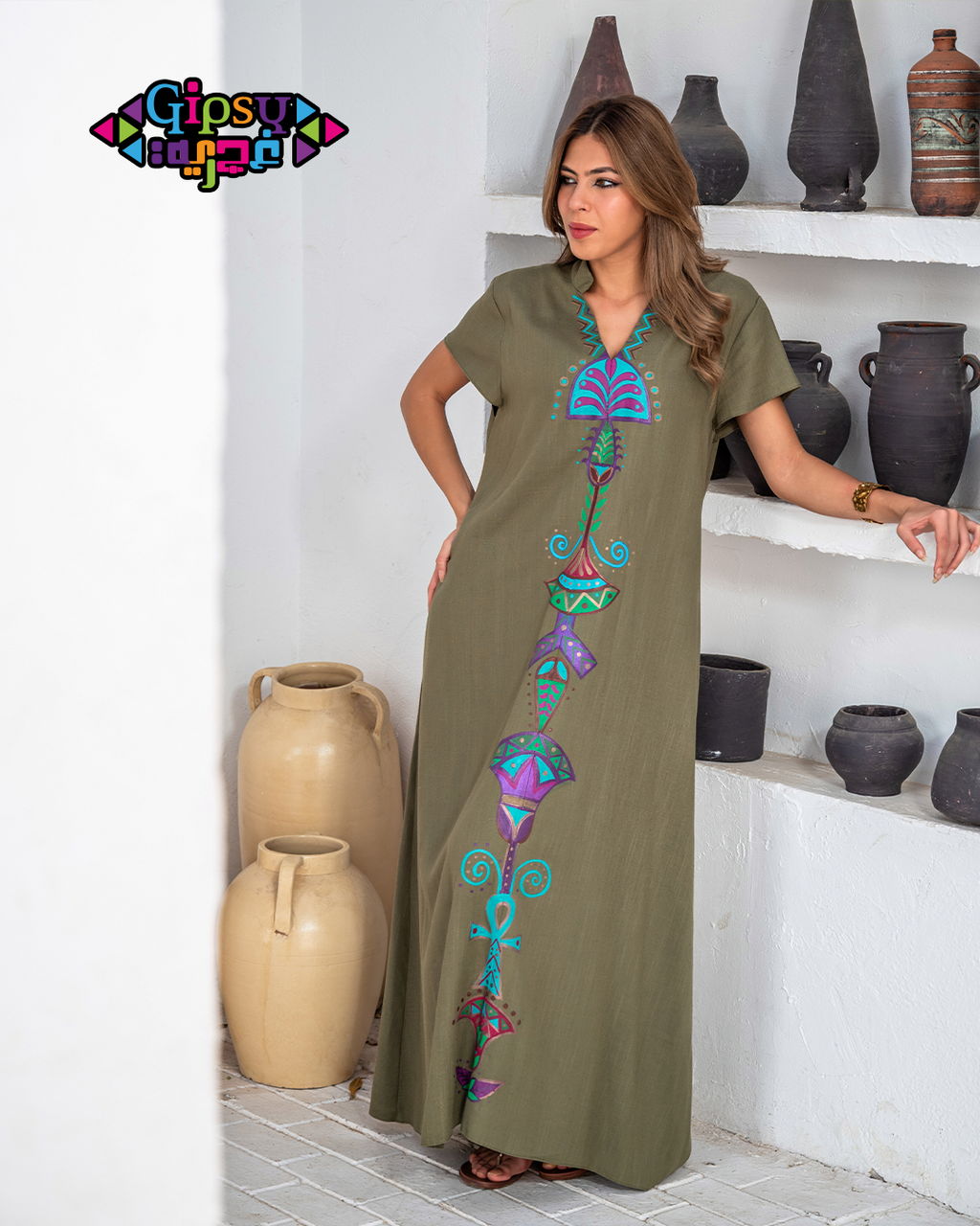 Olive Green Corset-Back Maxi with Hand-Painted Lotus Motifs